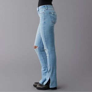AE next level high waist ripped skinny kick jean with split hem